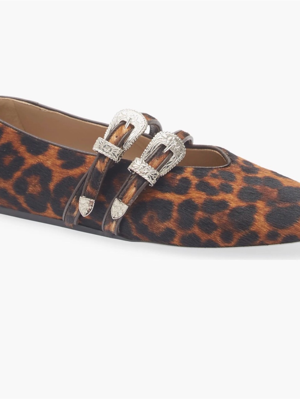 Leopard Print Double-Buckle Pointed Flat in Brown